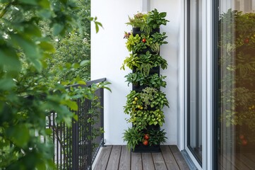 Fototapeta premium A high-rise vertical planter on a balcony filled with fresh leafy greens, herbs, and veggies. Perfect for compact living and city gardening.