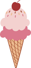 cute ice cream cone waffle with cherry vector cartoon illustration