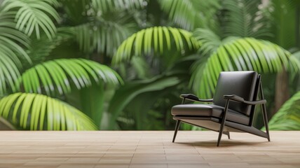 Obraz premium A modern black chair sits against a lush green backdrop of palm leaves, creating a serene and stylish interior space.