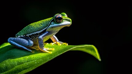Obraz premium Splendid tree frog resting on a vibrant green leaf