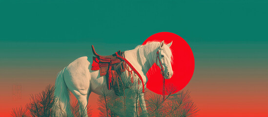 白馬と日の出のおめでたい情景