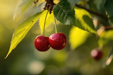 Obraz premium Ripe cherry fruits dangling from tree limbs, prepared for picking