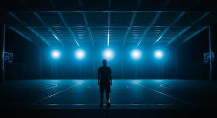 Person Standing in Illuminated Empty Basketball Court.