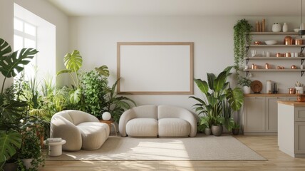 A bright, modern living space featuring cozy furniture and lush indoor plants, creating a serene and inviting atmosphere.