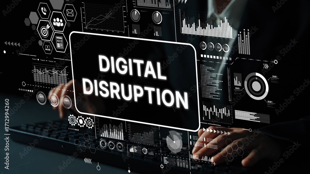 Aufkleber digital disruption concept with futuristic data visualization and hands on keyboard for technology a