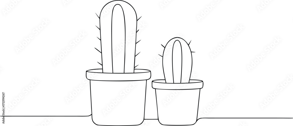 Poster two potted cacti one tall one short in simple line art style continous line art cactus