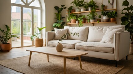 A cozy living room featuring a light sofa, wooden coffee table, and abundant greenery, creating a serene and inviting atmosphere.