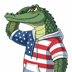 Obraz premium Alligator cartoon character wearing american flag hoodie saluting with a smile on a white background