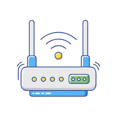 Illustration of a wireless router with antennas and signal symbol