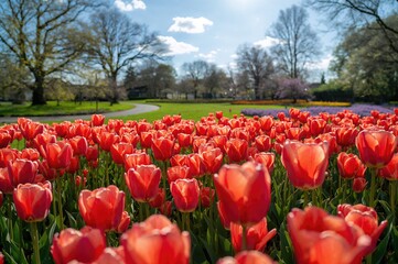 Vibrant tulip field basking in bright sunlight on a clear spring day