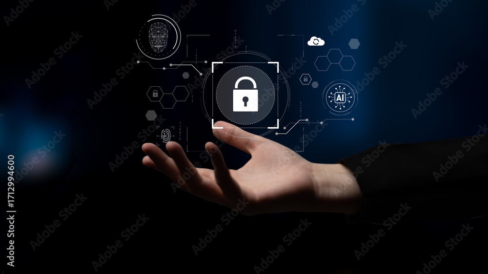 Poster ai cyber security system using biometric authentication and privacy control. cyber security protects