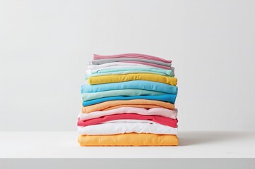 Pile of vibrant cotton garments neatly folded on a white surface with ample empty space, fresh and clean laundry