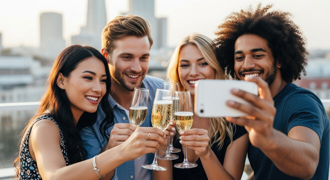 Group selfie captures friends celebrating with champagne, laughing, and enjoying rooftop party. Group selfie shows diverse young adults raising glasses for a cheerful toast during sunset,