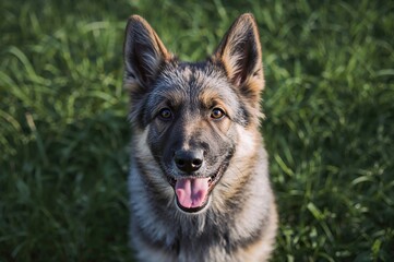 Young female shepherd dog with blue and tan coat in a grassy field during summer