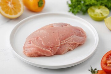 Uncooked chicken breast served on a dish for nutrition and fitness purposes