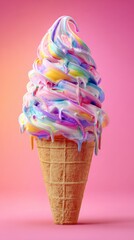 Colourful melting cone ice-cream dessert on pink background. Dessert advertisements, food promotional materials for restaurant and cafe menu