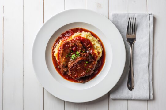 Succulent beef slow-cooked in red wine served with creamy mashed potatoes on a rustic white wooden surface with a fork and tomato sauce, top-down perspective, ample negative space