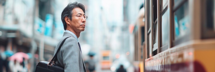 Middle-aged Japanese businessman waiting at tram stop for corporate mobility articles, business travel editorials, and urban commuting visuals, photorealistic scene, natural daylight, 3:1 crop 