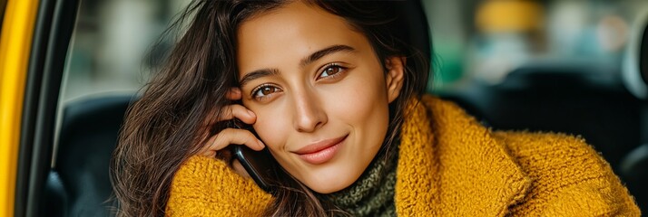 Young Indian woman in taxi backseat talking on phone for ride-hailing app visuals, lifestyle marketing, and communication campaigns, close-up portrait, natural daylight, soft tones, 3:1 crop with copy