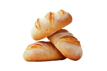 Three freshly baked artisan bread loaves on black background, cut out