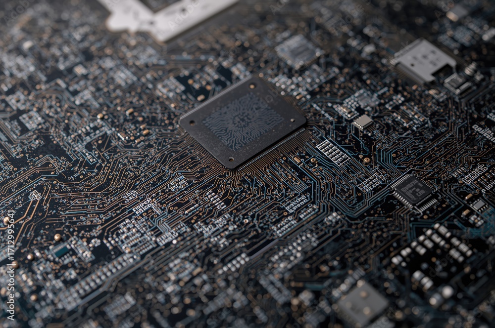 Poster detailed view of a printed circuit on a computer chip