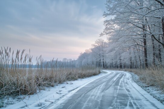 A tranquil winter morning walk along a snow-covered forest trail - Powered by Adobe