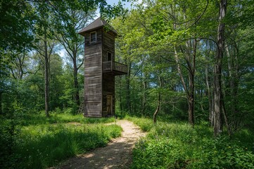 Old lookout tower standing in the forest