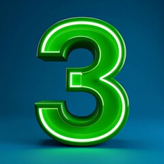 Fototapeta premium Bright green, neon-style number three on a blue background