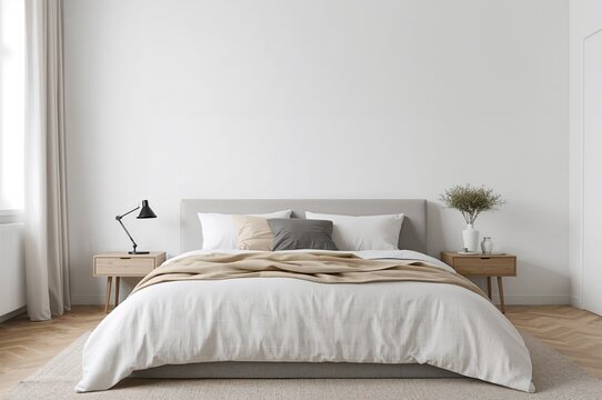 A contemporary bedroom featuring a bed with a minimalist bedspread.