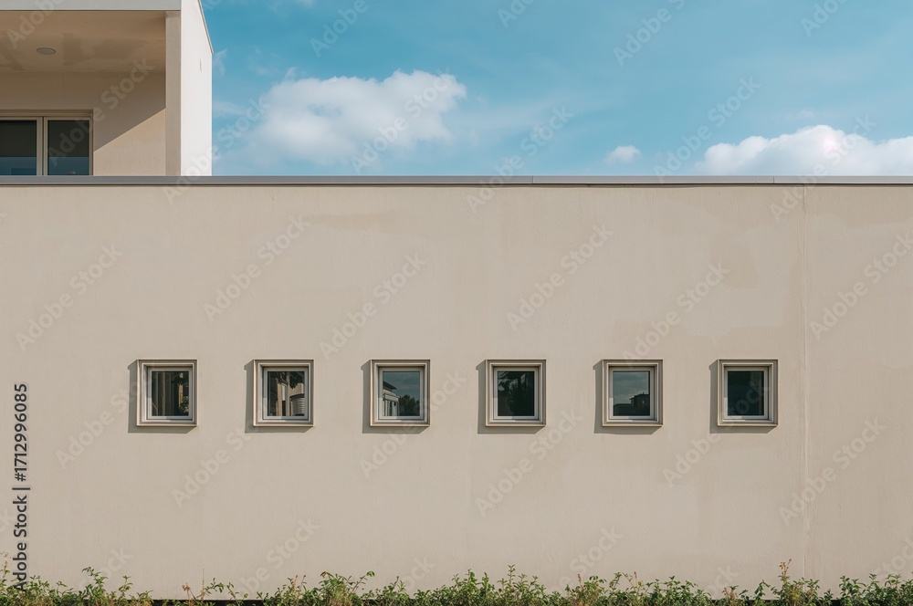 Poster a light brown facade displaying multiple windows on a structure.