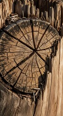 A detailed close-up view of a weathered tree stump, showcasing intricate wood grain patterns and radial cracks.