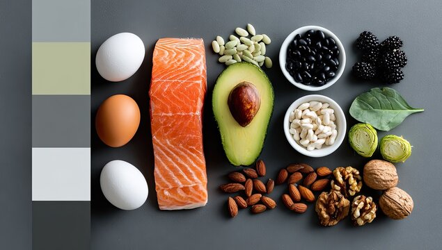 Healthy food assortment, featuring salmon, eggs, avocado, nuts, and beans, displayed on a gray surface with color swatches