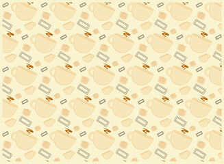 Patrón sin cortes con diseño de taza de café y galletas con velas aromáticas. 