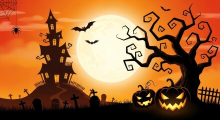 Spooky Halloween Scene With Haunted House Bats and Pumpkins Under A Full Moon