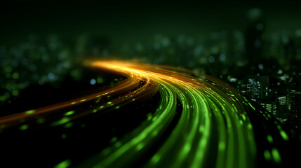 Glowing green and orange light trails in cityscape