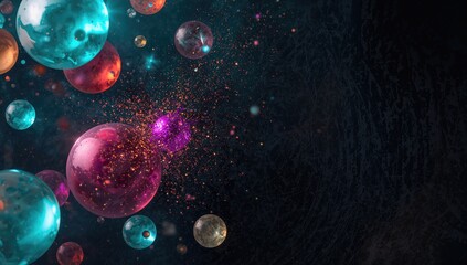 Fototapeta premium Colorful spheres merging with tiny particles against a dark background