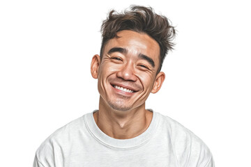 Obraz premium Smiling young asian male with white shirt portrait on black background, cut out