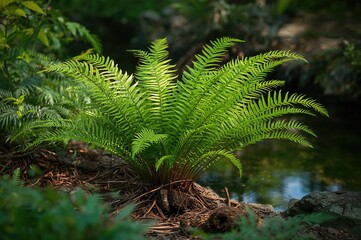 Garden display of Asplenium nidus, commonly known as Bird's Nest Fern or Governor Fern