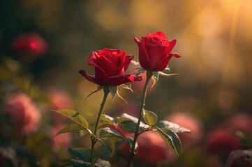 Fototapeta premium A pair of red roses blooming in spring
