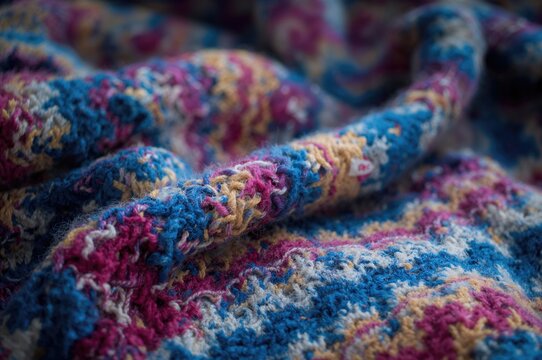 A vibrant patchwork knitted safety wrap