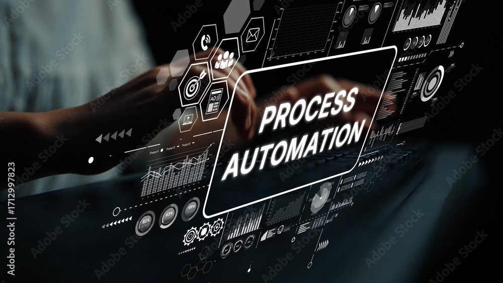 Poster future of technology in business with process automation visual representation and digital interface