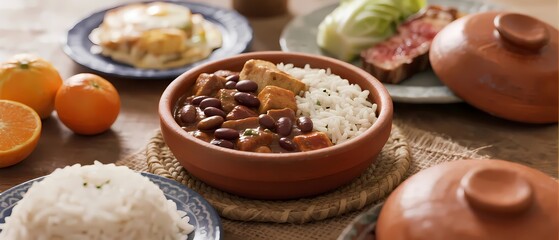 Delicious Brazilian Feijoada with Rice and Sides for Restaurant Menu or Food Blog
