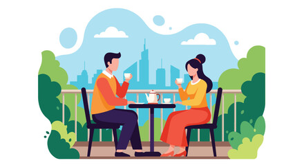 Flat style illustration of a couple enjoying tea on a balcony with a city skyline view, symbolizing relaxation, lifestyle, urban living, and modern relationships
