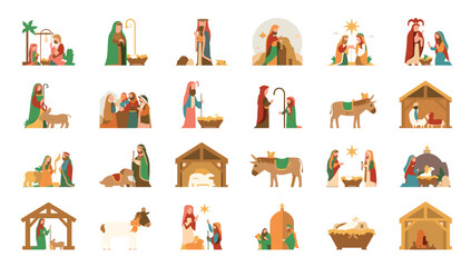 Nativity scene vector illustration set christmas story holy family jesus birth religious holiday celebration