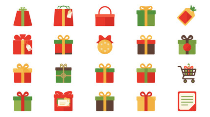 Gift present box shopping bag christmas holiday celebration birthday surprise package ribbon bow vector icon set