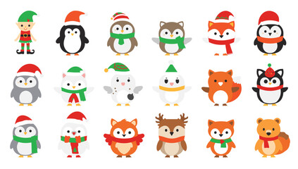 Fototapeta premium Christmas animals elf penguin owl fox squirrel winter holiday season festive cute cartoon vector illustration