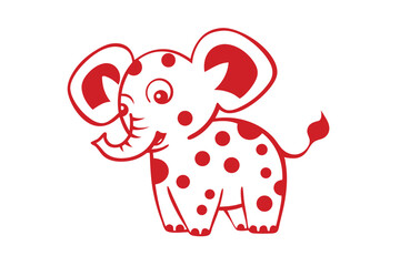 A red spotted cartoon elephant stands happily with its trunk raised against the white background