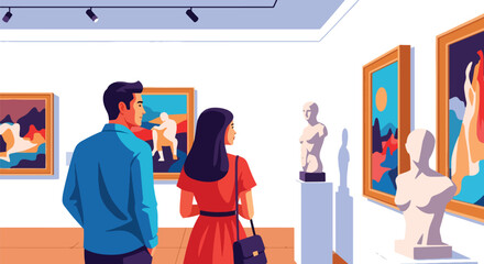 Flat style illustration of a couple visiting an art gallery, admiring paintings and sculptures, symbolizing culture, creativity, leisure, and appreciation for art in a modern museum setting © meeblues