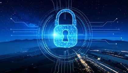 Digital padlock graphic superimposed over a landscape with city lights and a starry night sky. The image suggests data security