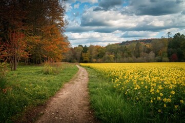 Obraz premium A narrow trail winds through a meadow filled with yellow blossoms.